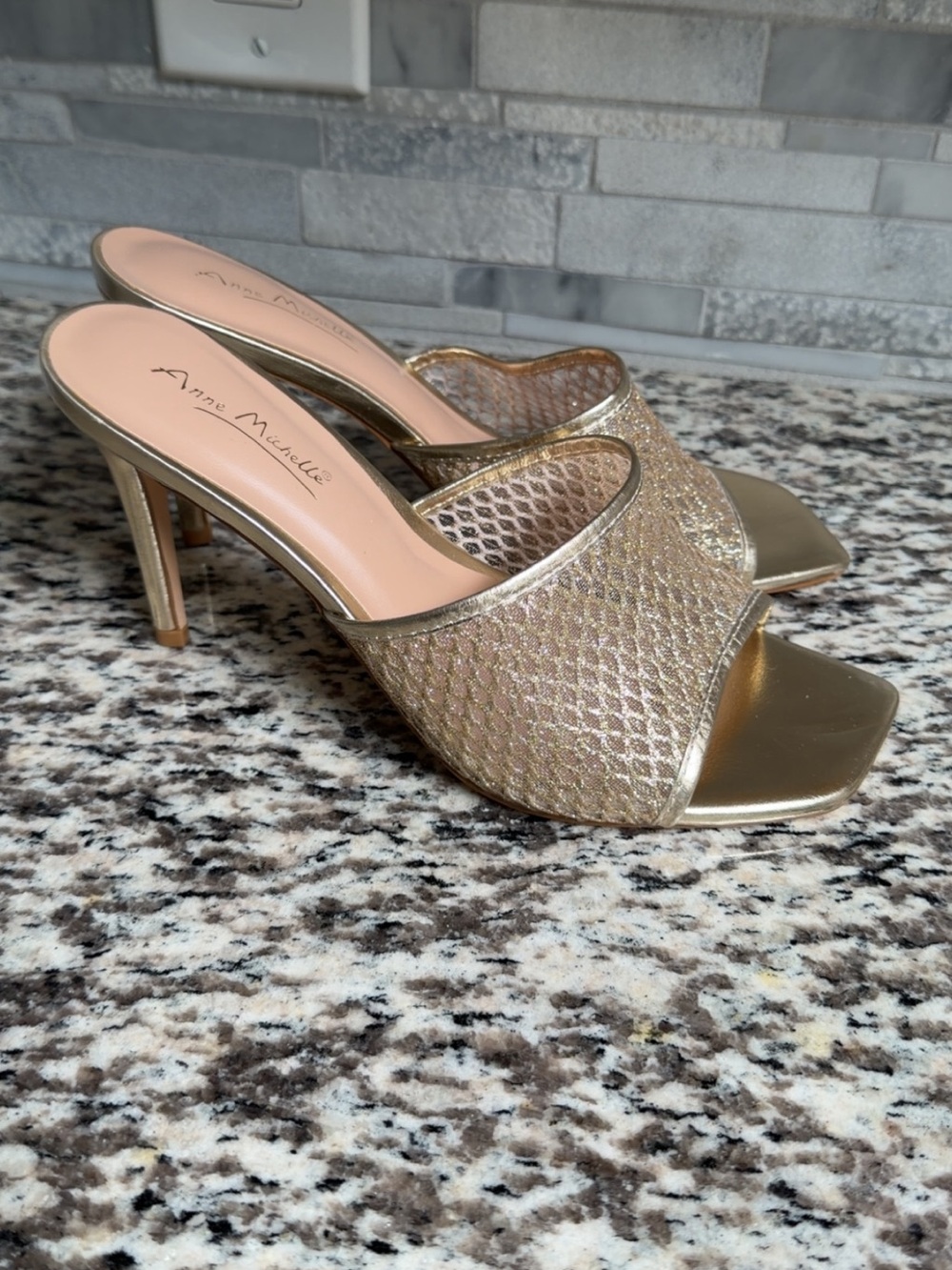 Anne Michelle Metallic Gold Mesh Open-Toe Mule Heels